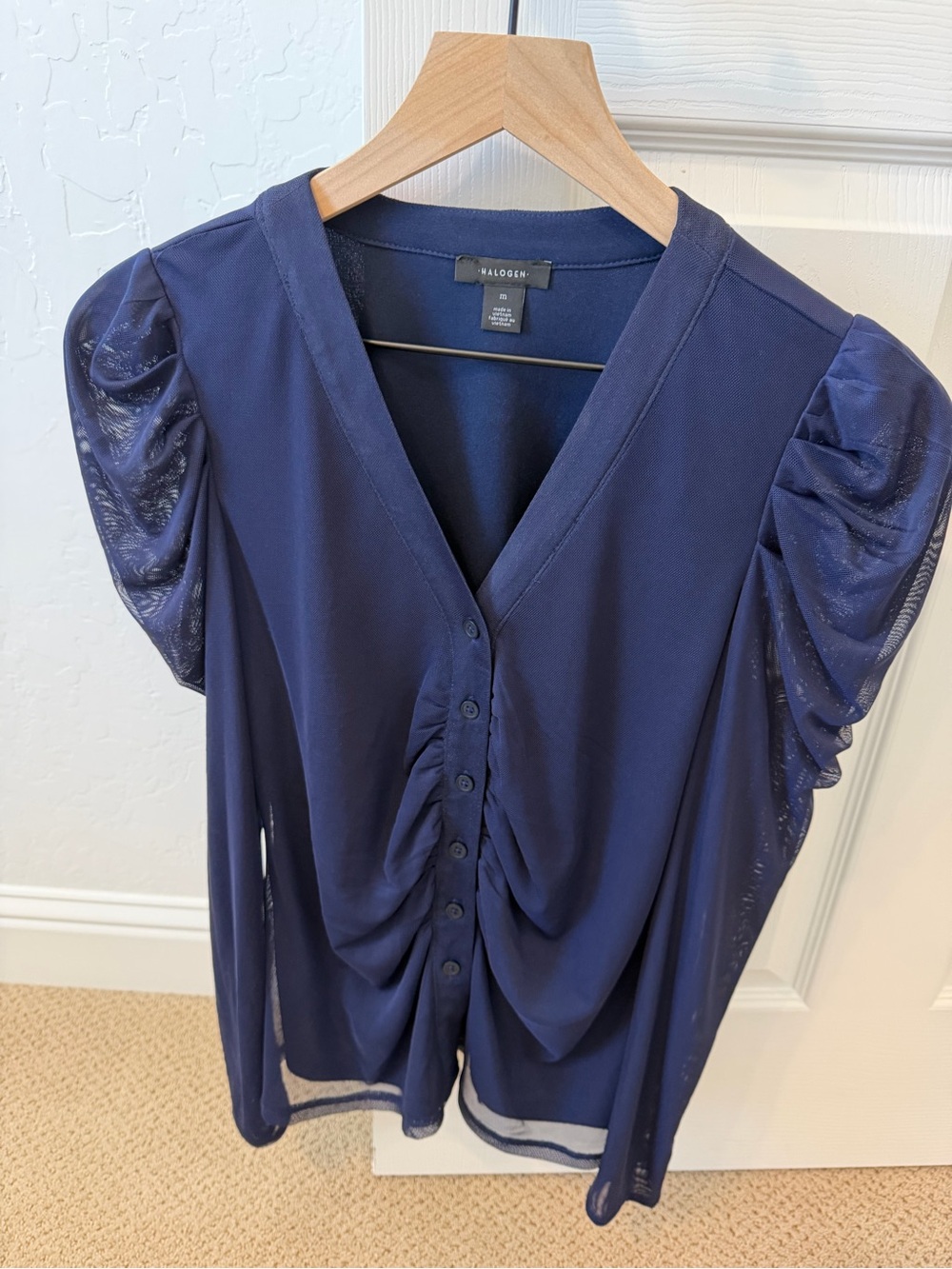 Halogen Navy Ruched Button Front V-Neck Blouse